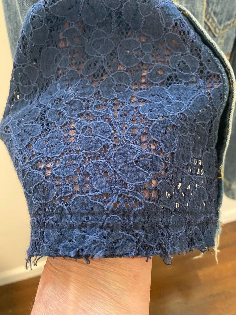 Free People Lace and Blue Denim Jacket with Contrast Stitching NWOT - Picture 3 of 9